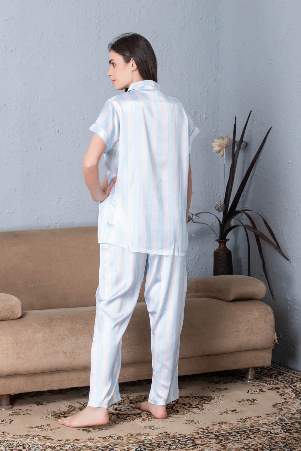 Stripe satin Classic collar Night suit Sky Blue - Image 3