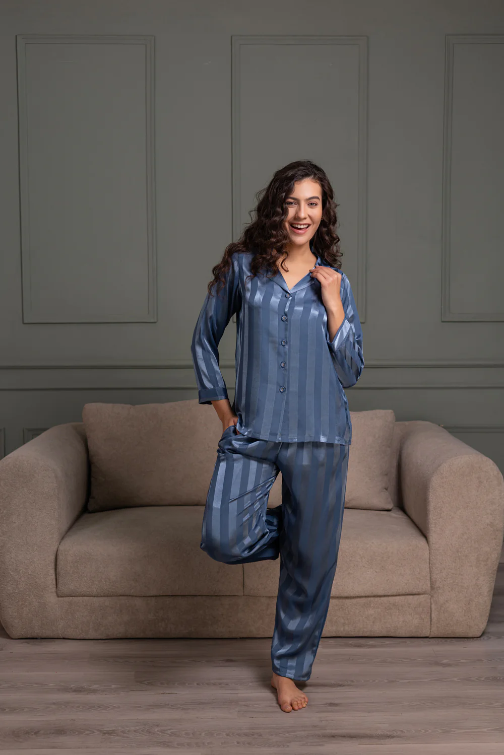 Stripe satin night suit in Midnight Blue - Image 2