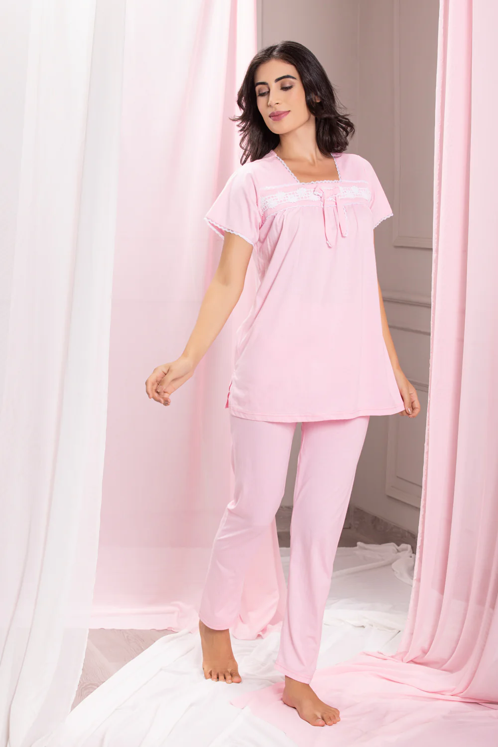 Summer cotton Night suit with Lace detail - Image 2