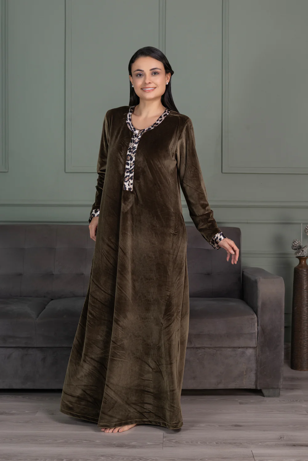 Velvet Olive Green nighty with Front zip - Image 3