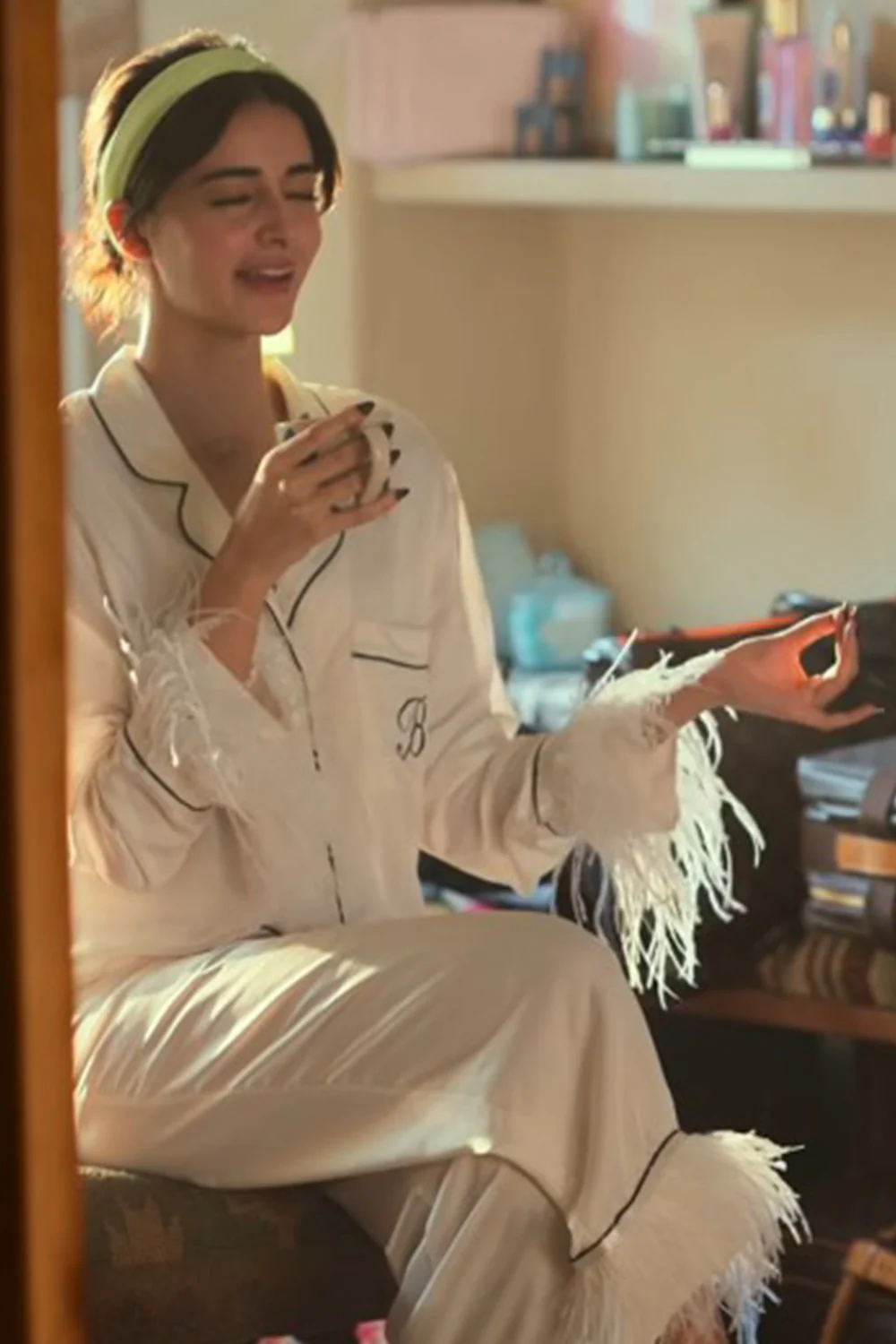 White Ananya Pj Set In Satin With Fur Detail - Image 3
